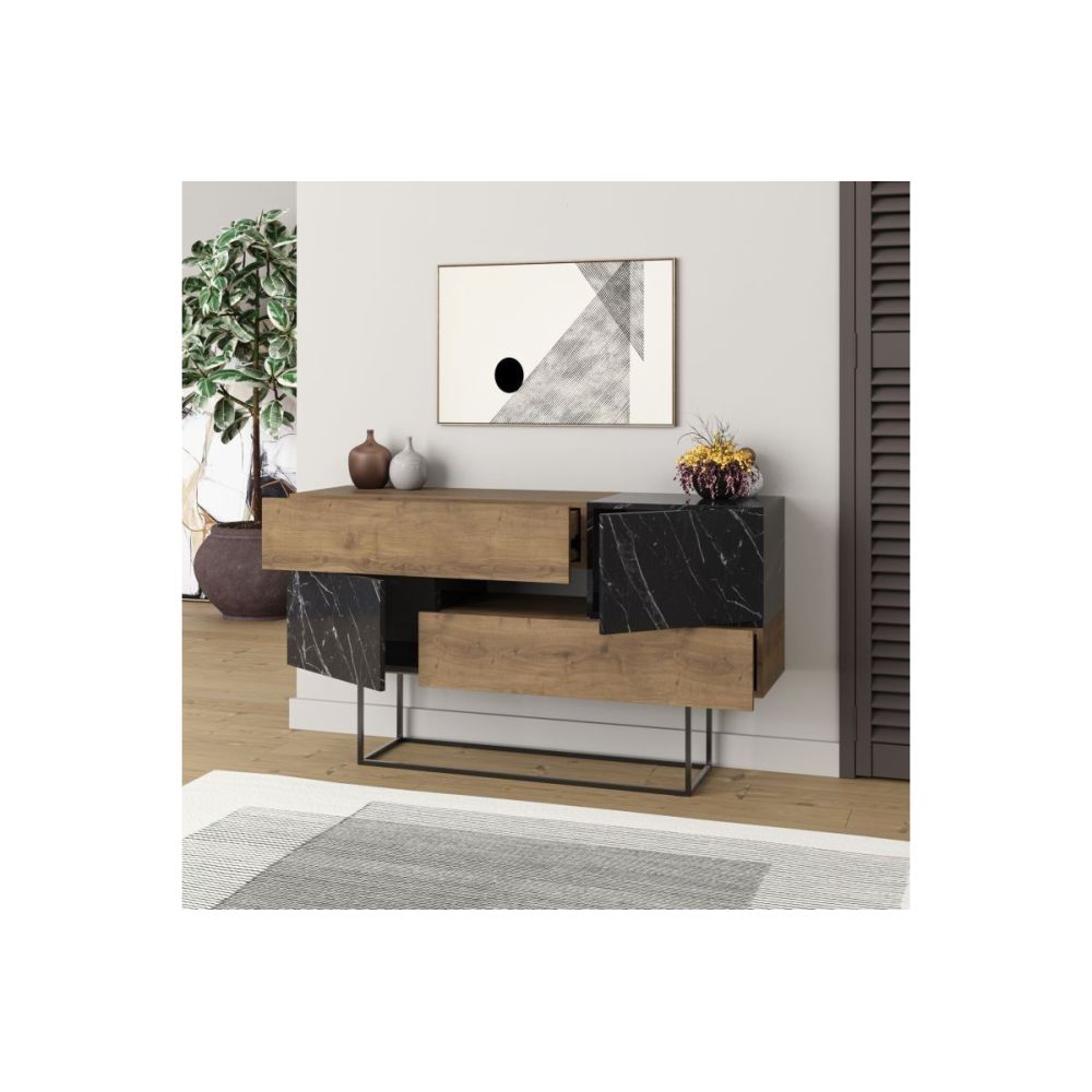 Buffet Moderno con Acabado en Mármol Negro y Madera, Patas