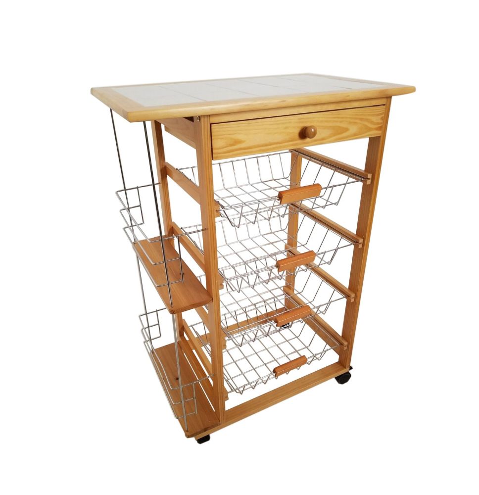 Verdulero frutero de cocina con botellero lateral 57x37x82cm color miel Verdulero frutero de cocina con botellero lateral 57x37x82cm color miel