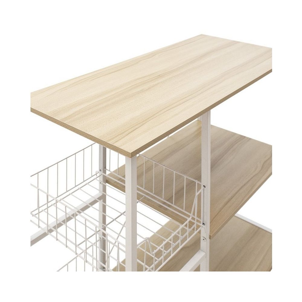 Estanteria de Cocina con 2 Cestas de Malla Metálica Blanca, 3 Estantes y Ganchos 80x34x75cm Color Madera y Blanco