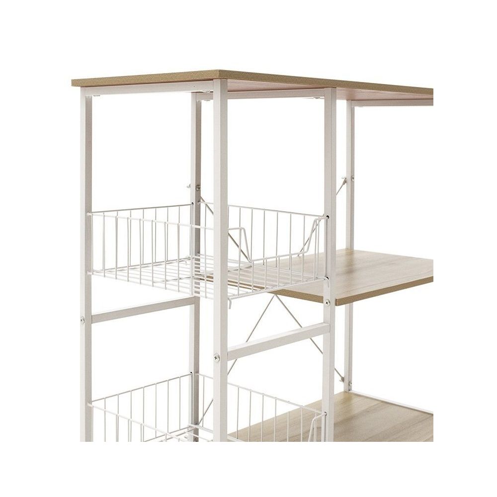 Estanteria de Cocina con 2 Cestas de Malla Metálica Blanca, 3 Estantes y Ganchos 80x34x75cm Color Madera y Blanco