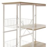 Estanteria de Cocina con 2 Cestas de Malla Metálica Blanca, 3 Estantes y Ganchos 80x34x75cm Color Madera y Blanco