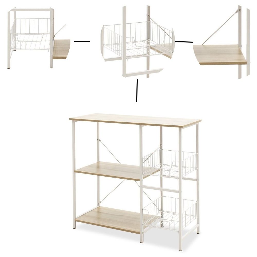 Estanteria de Cocina con 2 Cestas de Malla Metálica Blanca, 3 Estantes y Ganchos 80x34x75cm Color Madera y Blanco