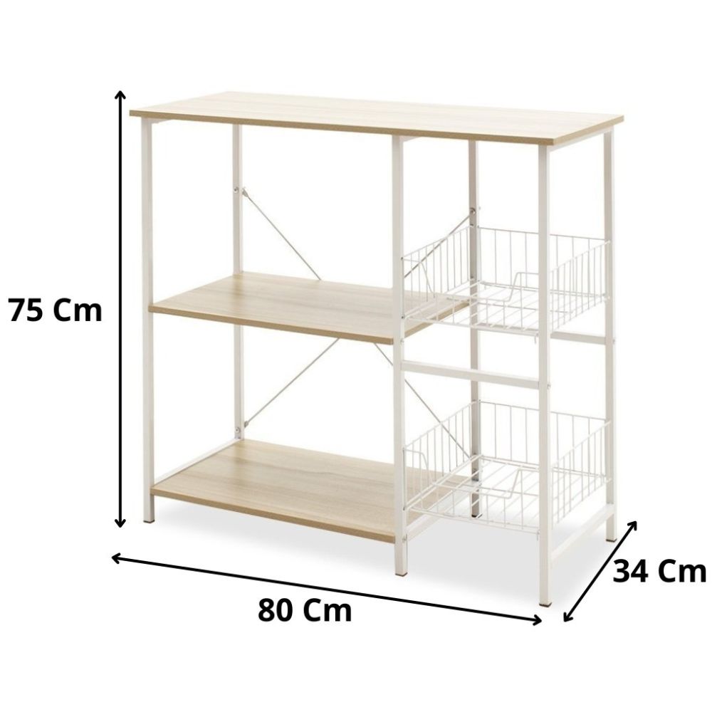 Estanteria de Cocina con 2 Cestas de Malla Metálica Blanca, 3 Estantes y Ganchos 80x34x75cm Color Madera y Blanco