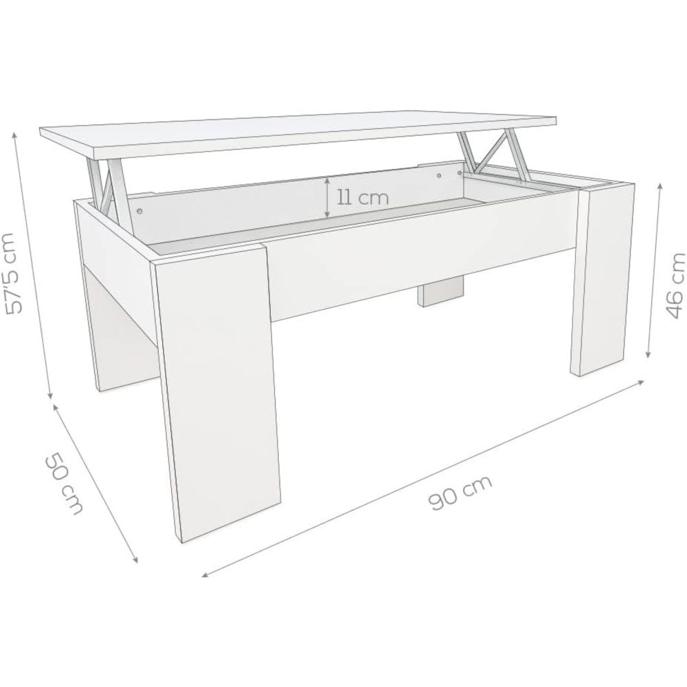 Mesa de Centro Elevable, Mesita de Salón, Acabado en Color Gris Polar, Medidas: 90 cm (An) x 50 cm (Fo) x 46-57 cm (Al)