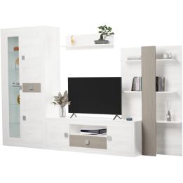Mueble de Salón Moderno con Leds, Acabado en Andersen Pino -Gris, Medidas: 300 cm (Anc) x 200 cm (Al) 40 cm (Fon)