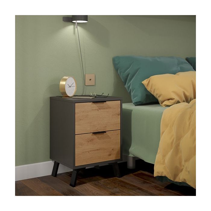 Mesita de noche 2 cajones Moderna acabado Gris/roble 56.5cm(alto) 40cm(ancho) 35cm(fondo)
