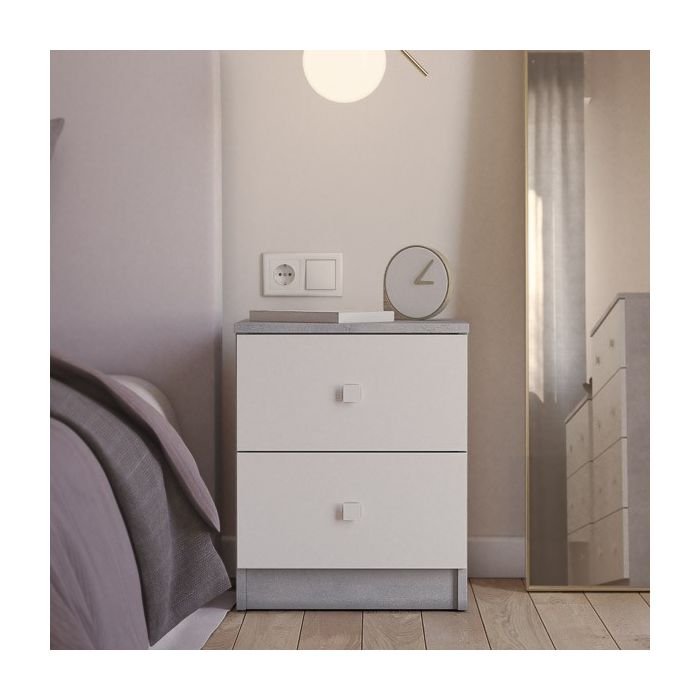 Mesita de Noche Moderna Mesilla de Noche con 2 Cajones Mesita Auxiliar para Dormitorio 49,6x40x35cm Color Cemento y Blanco